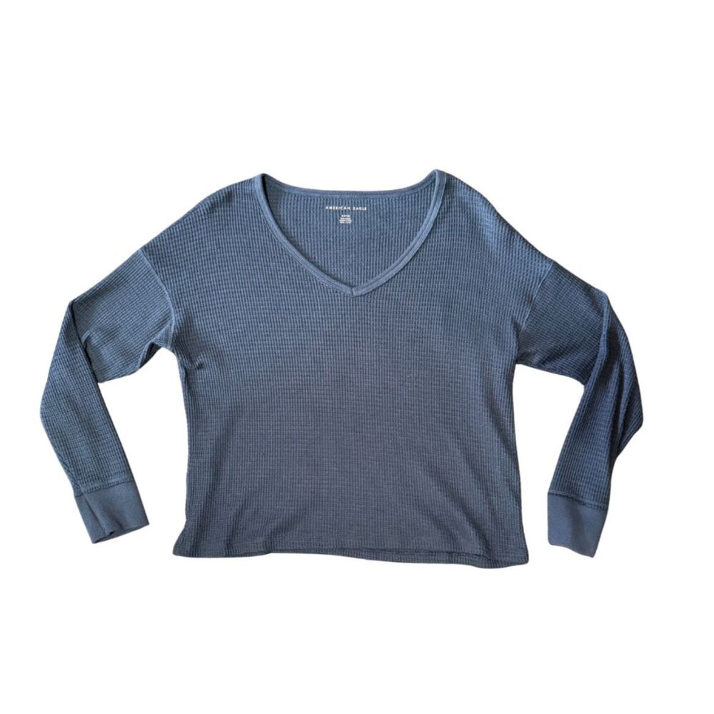 American Eagle Cozy Waffle Charcoal Color V-Neck Top Women's Size Small